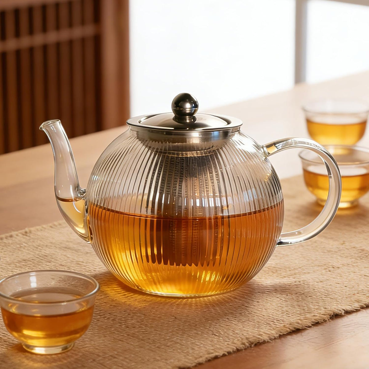 50OZ/1500ml Ribbed Borosilicate Glass Teapot with Removable Stainless Steel Infuser & Lid, Stovetop Safe Vertical Striped Clear Tea Kettle for Loose Leaf & Blooming Tea