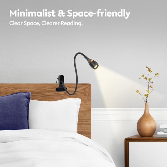 acegoo Minimalist Clip On Reading Light, Head Switch Headboard Book Lamp | With USB-C Adapter, Flexible Neck, Amber NightLight, All-Metal Design, CRI 90+, For Bed Headboard Bedroom Home Desk, Black