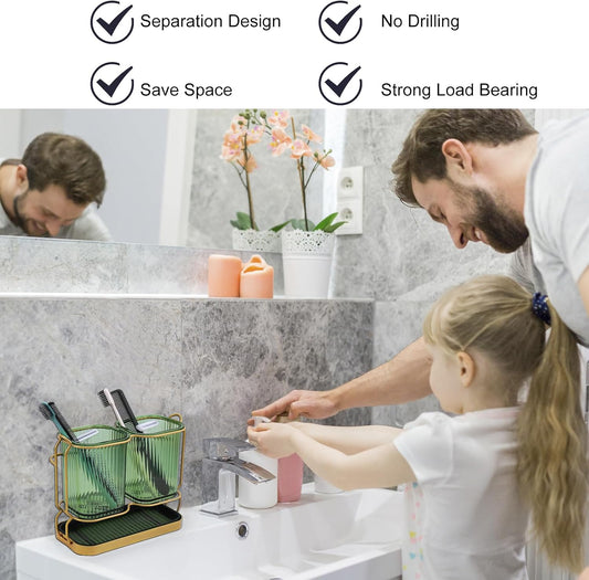 Green Toothbrush Holders for Bathrooms, Toothbrush Holders with Drain Tray | 2 Cups Tooth Brushing Holder, Bathroom Organizers and Storage Caddy Countertop for Toothpaste, Razors, Toothbrush
