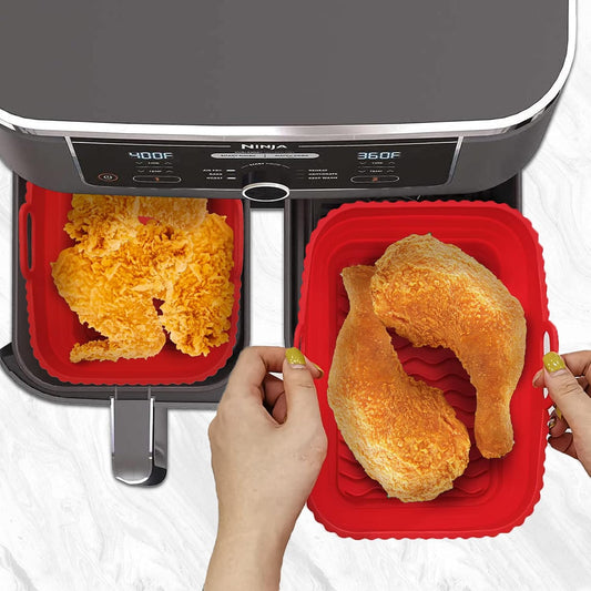 Daily Treasures 2-Pack Foldable Air Fryer Liners For Dual Air Fryer With 1-Pack Oil Sprayer Dispenser, Reusable Silicone Liner In Red