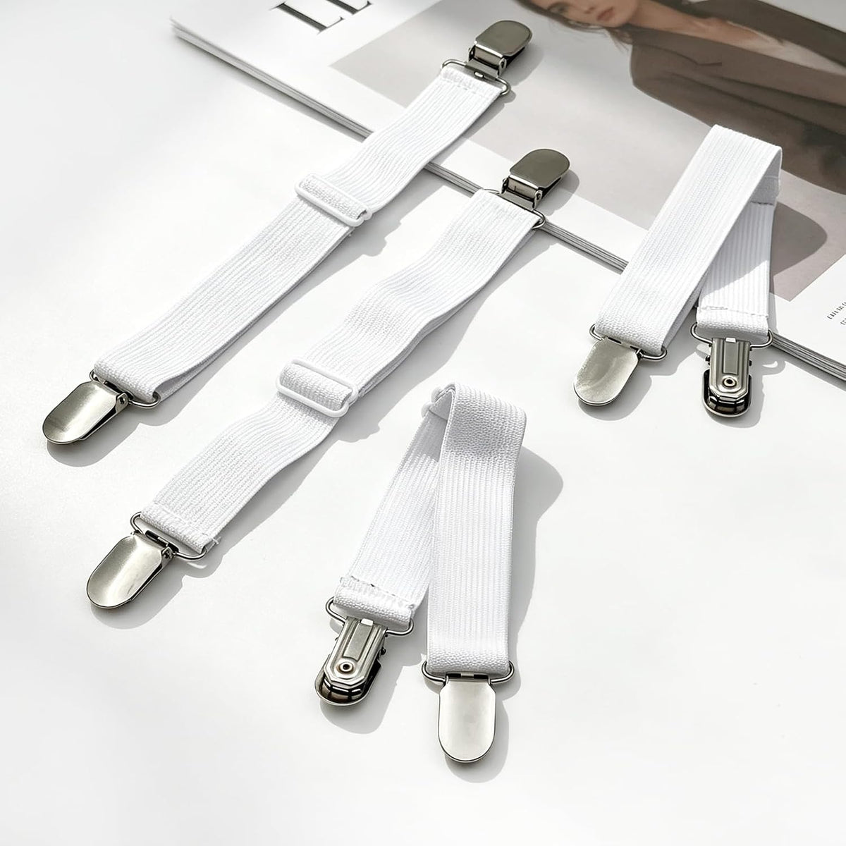 4-Pack White Adjustable Elastic Bed Sheet Straps, Non-Slip Fitted Sheet Holders for All Mattress Sizes