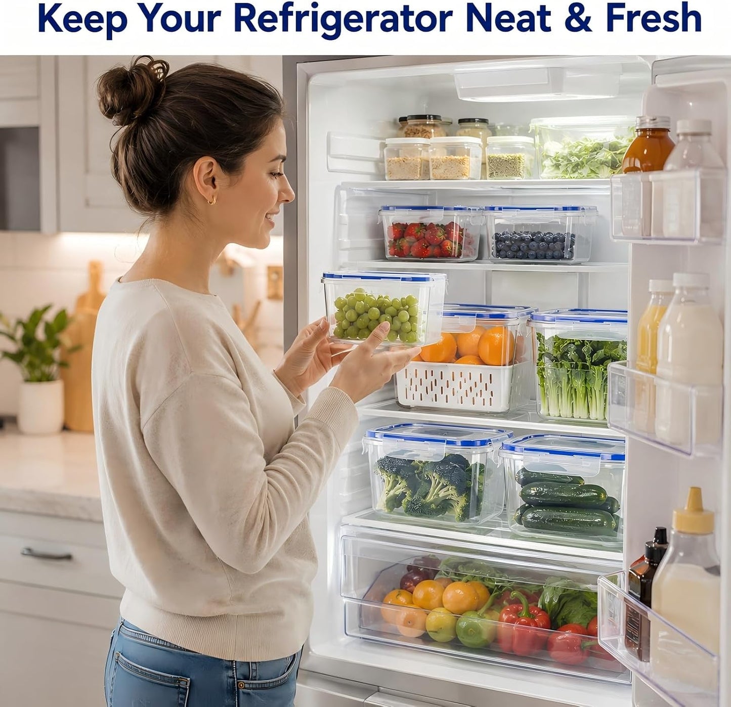 3 Pcs Fruit Storage Containers for Fridge, Produce Storage Containers with Removable Colander Basket & Airtight Lid,food storage containers, for Fruits, Vegetables & Meat