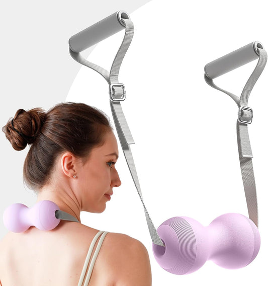 VICSKY Peanut Massage Ball with Handles & Pull Strap - Dual Trigger Point Therapy for Feet, Legs, Neck, Muscle Pain Relief, Myofascial Roller with Adjustable Strap (Pink)