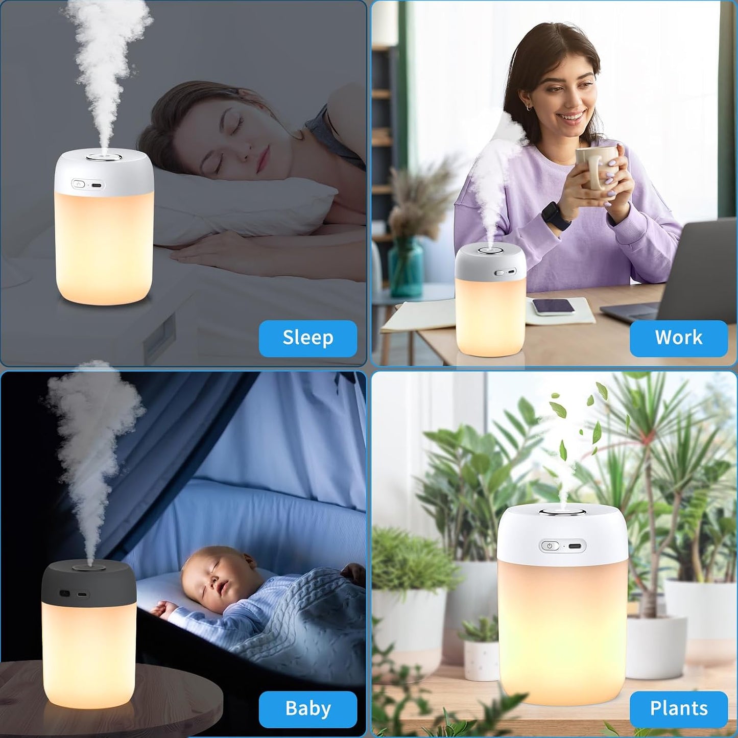 SZO Humidifier for Plants, 650ml Plant Humidifier Indoor, White | Small Plant Humidifier with Warm Light for Plants, Bedroom, Office Desktop, Baby Room