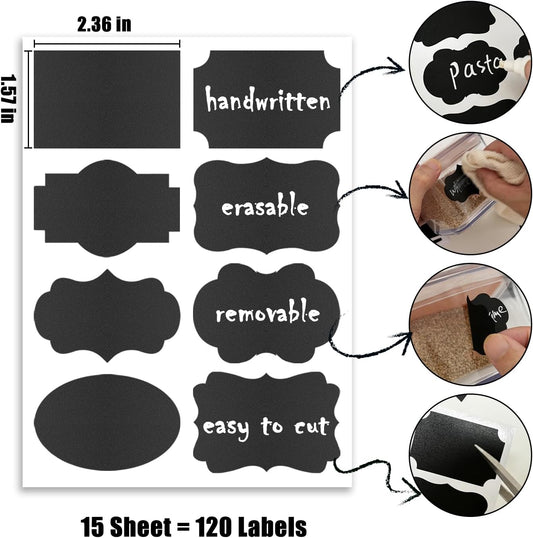 120 Pcs Chalkboard Labels for Storage Bins, Removable Chalk Sticker for Jars Containers Storage Bins, Assorted Shapes - Canning Labels, Bottle Labels, Food Labels Includes Erasable Liquid Chalk Marker