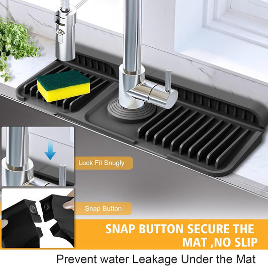 17.7-Inch Kitchen Sink Splash Guard Mat | 7° Slope for Fast Self-Draining | Snap-Lock Design | Universal & Cuttable Silicone Faucet Mat Gray