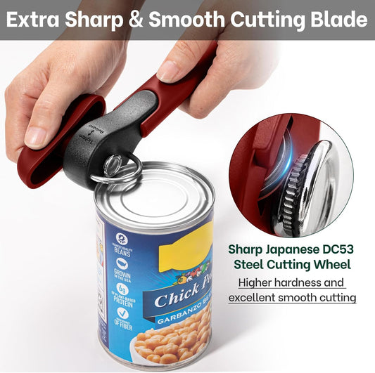 Beneno Side Cut Manual Can Opener, Smooth Cut with No Sharp Edges, Red | Premium Sharp DC53 Steel Blade, Soft Non-Slip Grip & Effortless Easy-Turn Knob