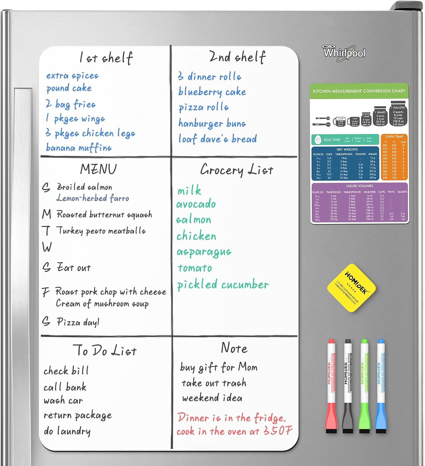 Magnetic Dry Erase Board: Small Fridge Whiteboard, Flexible Refrigerator Magnet White Board, Blank Writing Note Sheet with Dishwasher Magnet Clean Dirty Sign, 4 Markers & Eraser - 12 x 8