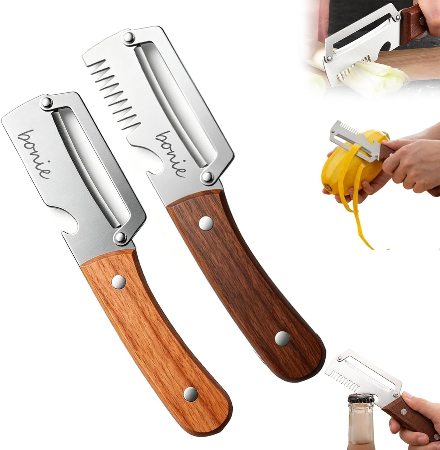 Multi-Functional Stainless Steel Thickened Fruit Peeler Knife, 2026 New 3 in 1 Stainless Steel Blade Peeler for Kitchen with Wooden Handle and Bottle Opener for Vegetable & Fruit (MIX, 2PCS)