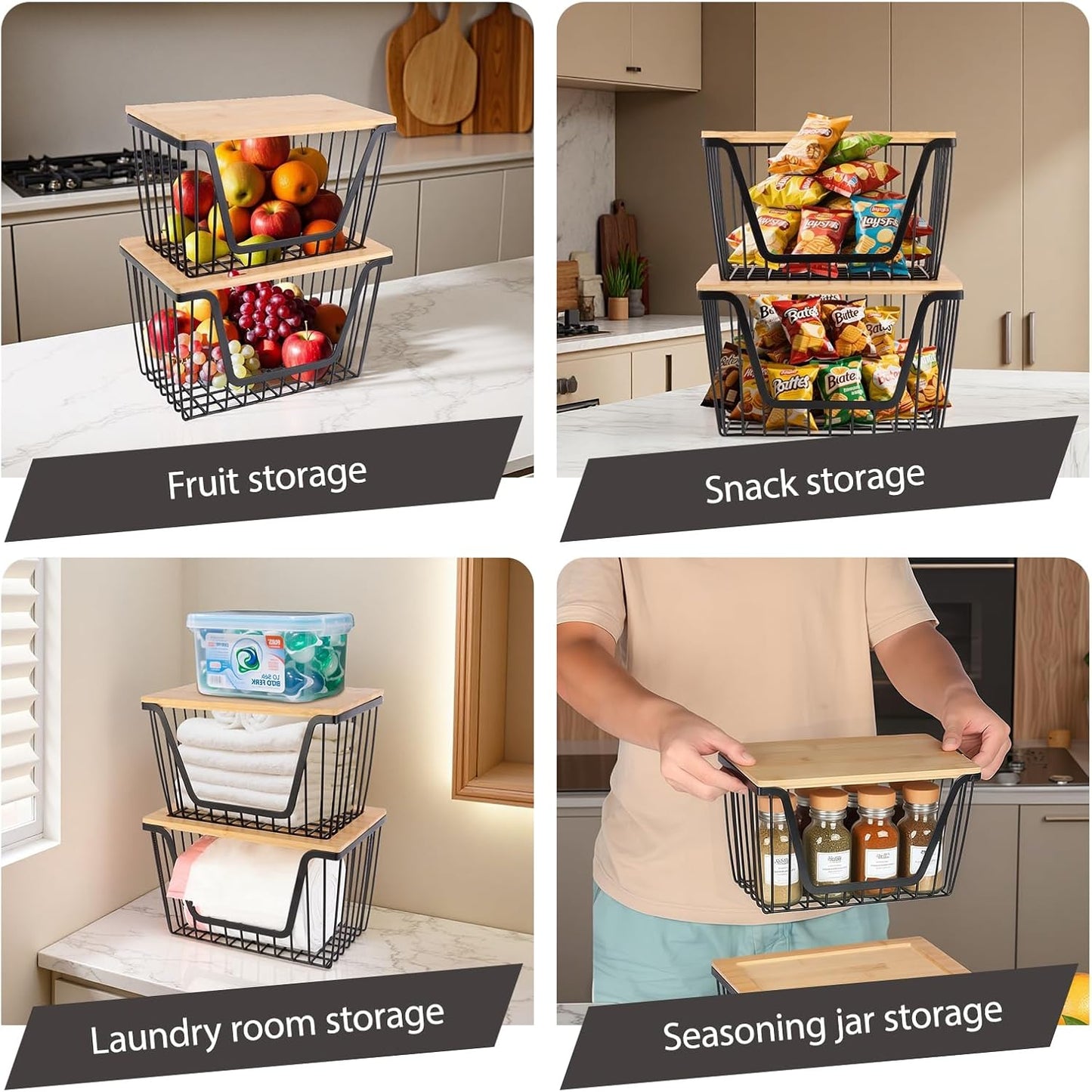 2 PACK Pantry Organizers and Storage, Stackable Onion Potato Bins | Large Wire Storage Basket, Breathable Design for Onion, Potato, Garlic, Fruit, Vegetables Fresh, Kitchen Pantry Storage