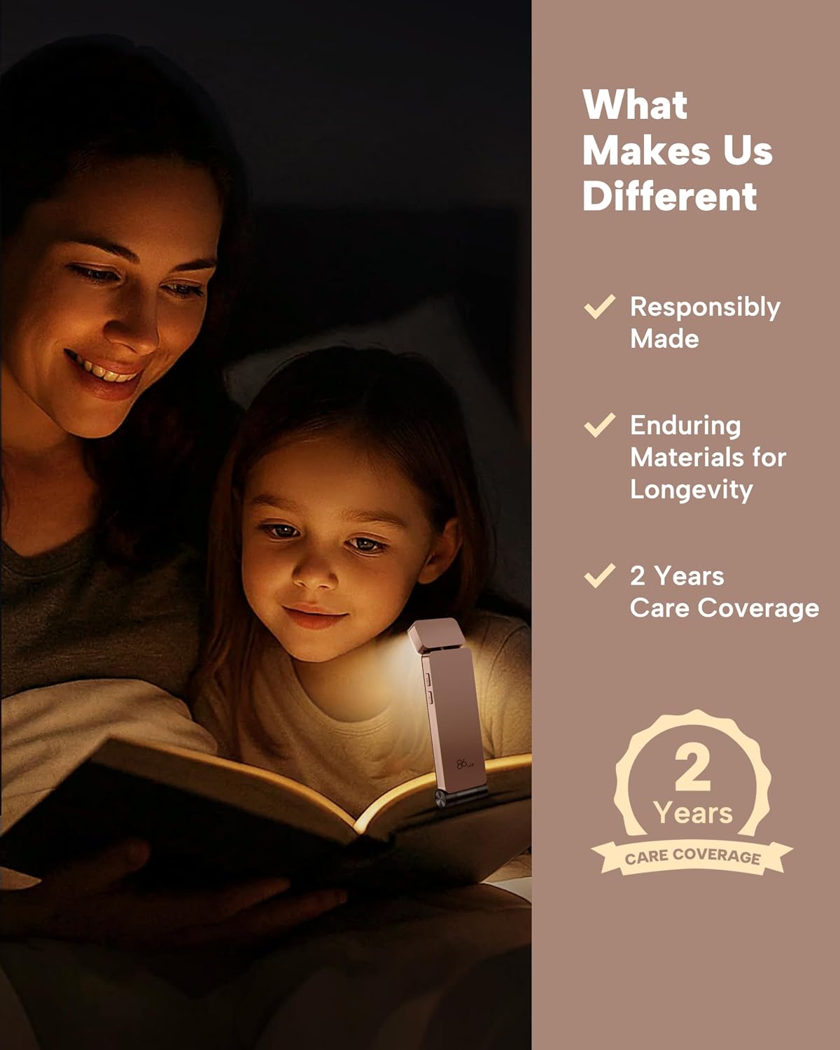 86lux Reading Light, Rechargeable Book Light for Reading in Bed, Ultralight Clip-on LED Bookmark Lamp with 3 Amber Colors & Stepless Dimming for Night Reading for Book Lovers, Kids, Grey&Pink Brown