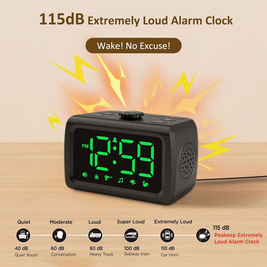 Peakeep 115dB Super Loud Alarm Clock for Heavy Sleepers Adults Teens | Large Display Auto/Manual Brightness for Bedrooms, USB Charger, 6 Wake-up Alarm Sounds Battery Backup, Oversleeping Fix