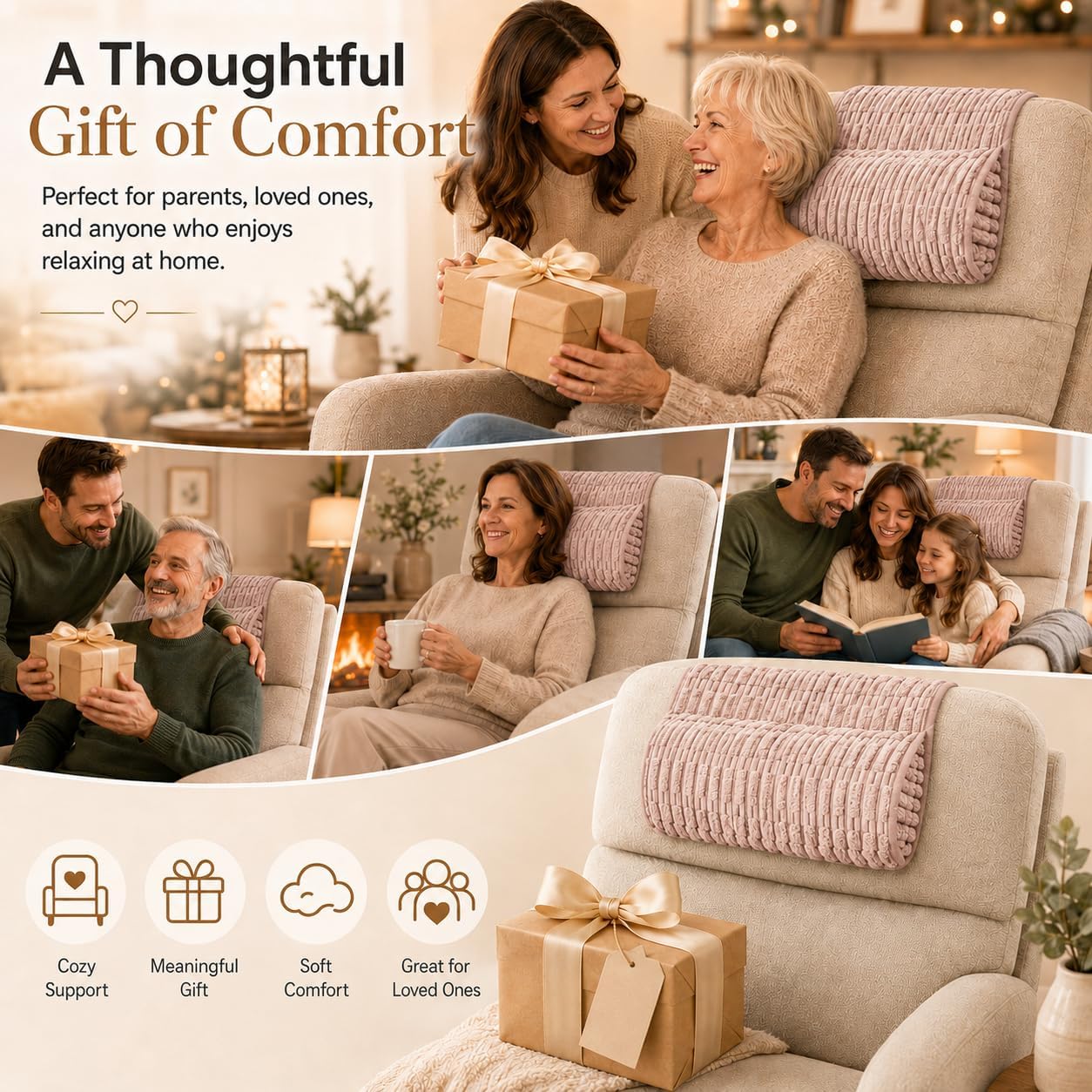 Memiss Recliner Pillow Soft Corduroy Neck Pillow for Recliner (Khaki) | Corduroy cover, PP cotton fill, anti-slip dots, hook and loop fastener, removable washable cover, recliner sofa car chair