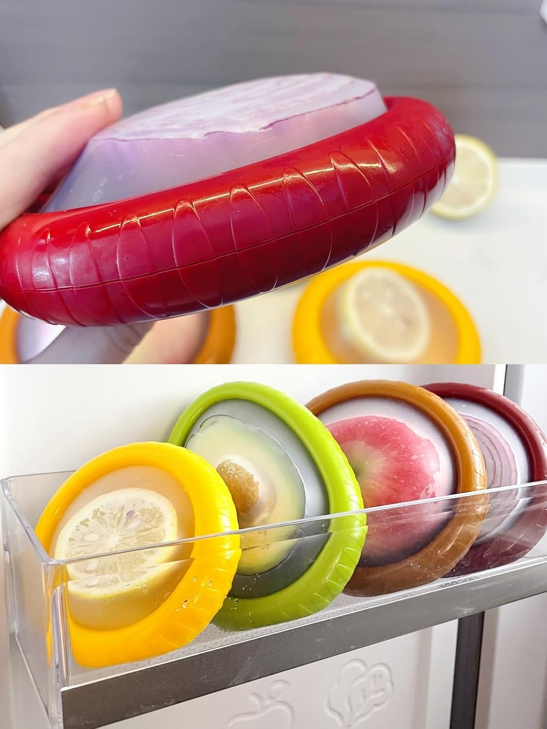 Silicone Avocado Saver Onion Storage, Set of 4 Reusable Fruit Containers for Fridge,Airtight Fresh Vegetable Keeper for Garlic, Onions, Lemon Freshness Box