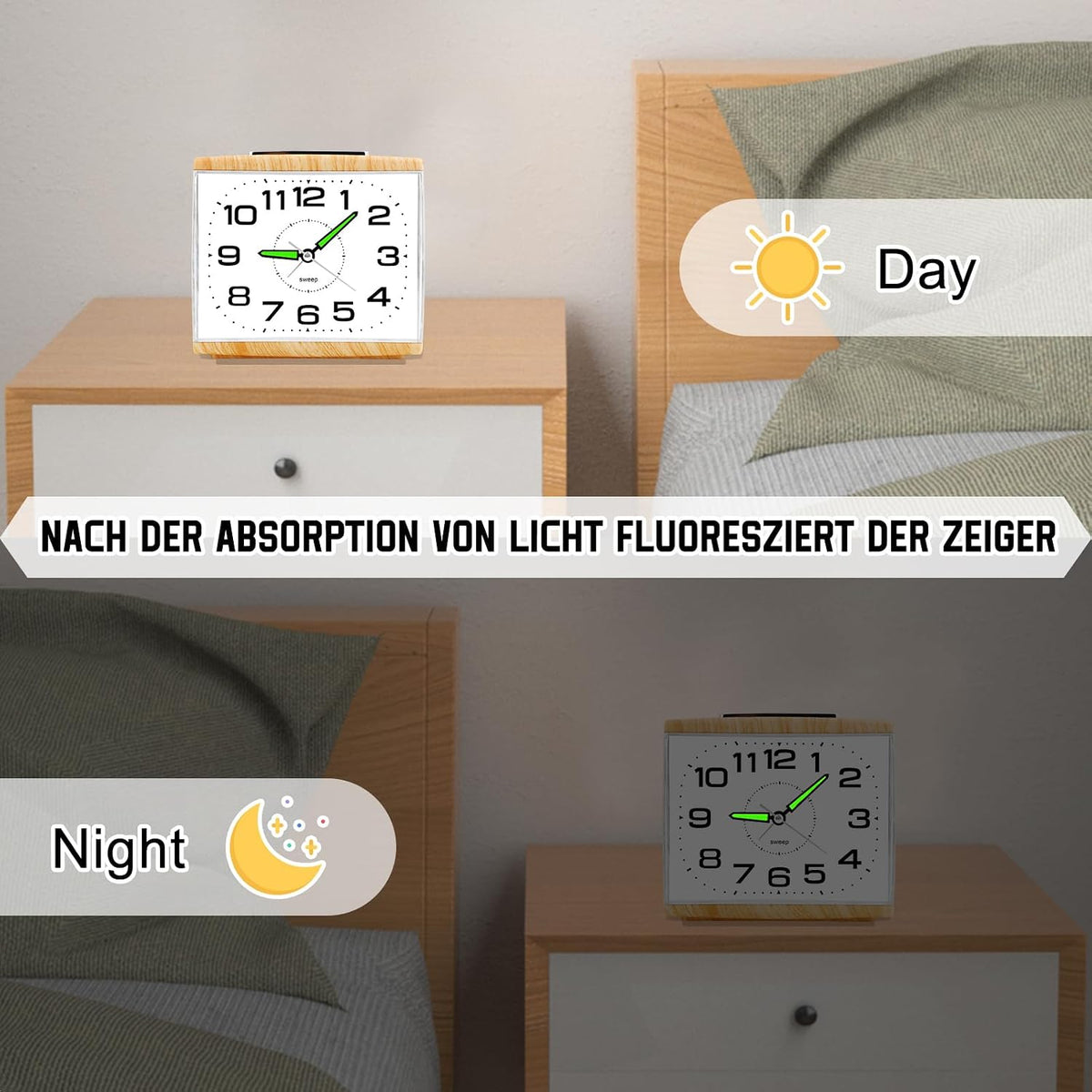 DTKID Large Analog Alarm Clock for Bedside, Silent Non-Ticking