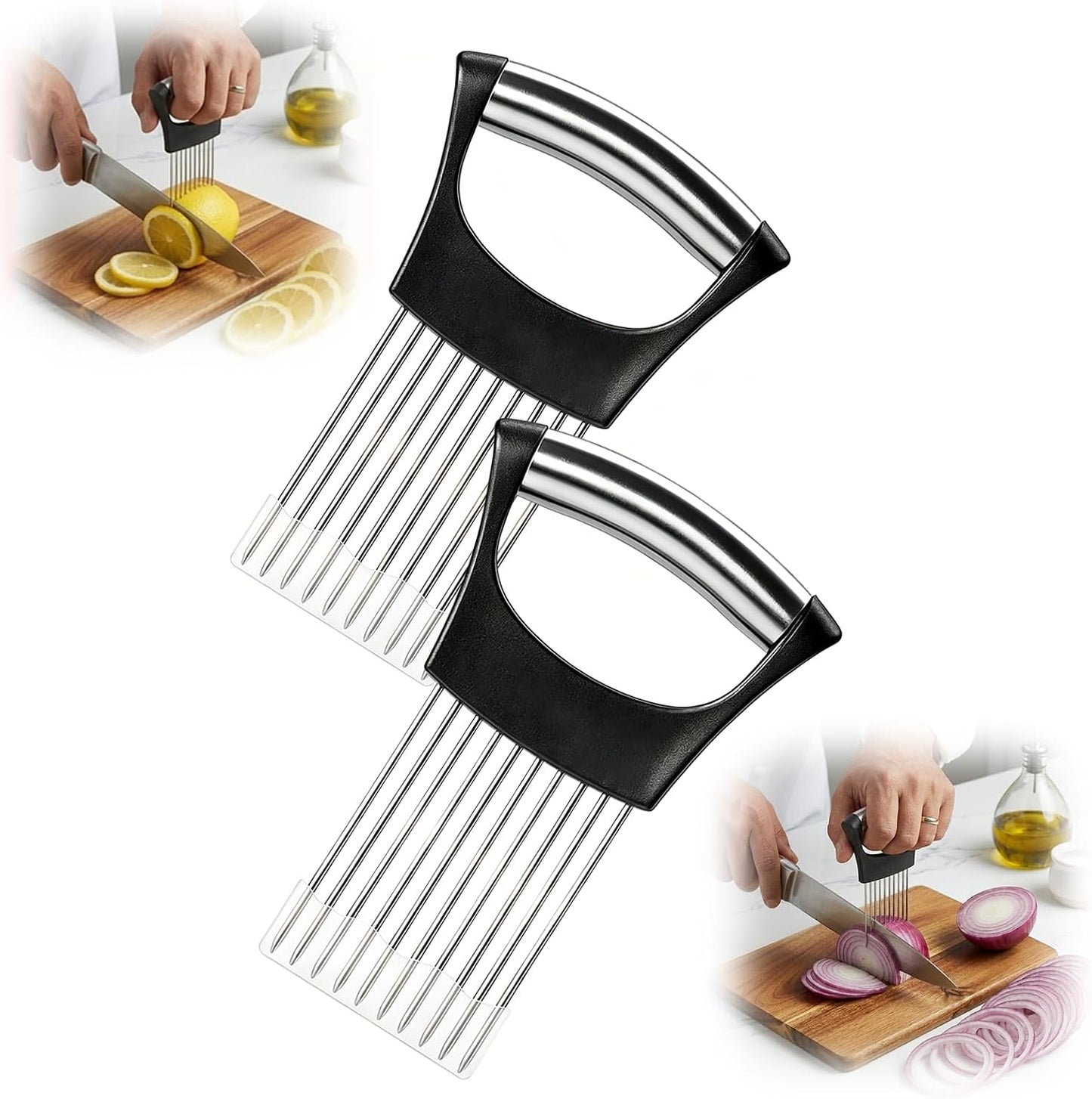 Onion Slice Holder, Stainless Steel Onion Holder for Slicing with Protective Case,Chopper Slicing Assistant Tool for Meat, Onion, Potato, Tomato,Lemon - Kitchen Gadgets (1 Pack)