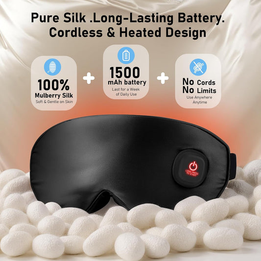 LitBear Heated Eye Mask, Silk Cordless Warm Eye Compress for Dry Eyes, Light Blocking Heat Eye Mask for Women Men, Soft Eye Heating Pad for Dry Eyes, Travel, Rechargeable, Washable Cover (Black)