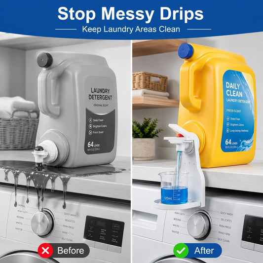 Laundry Detergent Dispenser Cup Holder, No Drip Laundry Detergent Holder with Easy Press Nozzle Switch, Laundry Cup Holder and Drip Tray for Liquid Detergent Dispenser, Laundry Room Organization