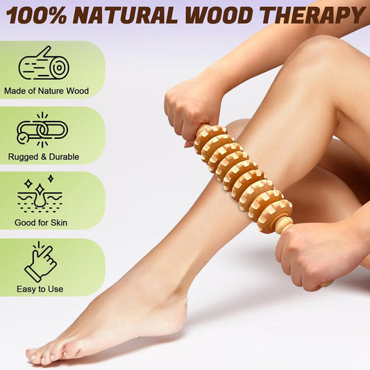 Wooden Fascia Massage Roller – Handheld Myofascial Release Massage Stick | Trigger-Point Knobs for Deep Tissue, Cellulite, Muscle Recovery & Circulation, and Lymphatic Drainage Massager