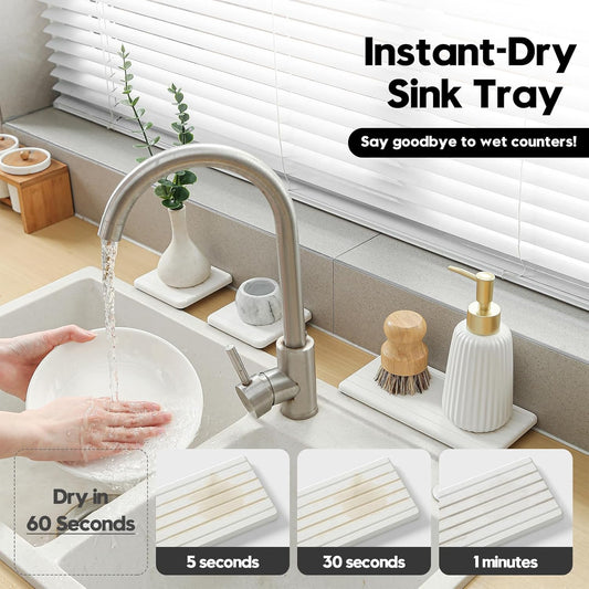 Water Absorbent Diatomite Coasters, Stone Drying Mat for Kitchen Counter, Bathroom Sink Organizer Tray, Compact Vanity Rack, Soap Holder Caddy, Faucet Splash Guard, White 8"x3.8"