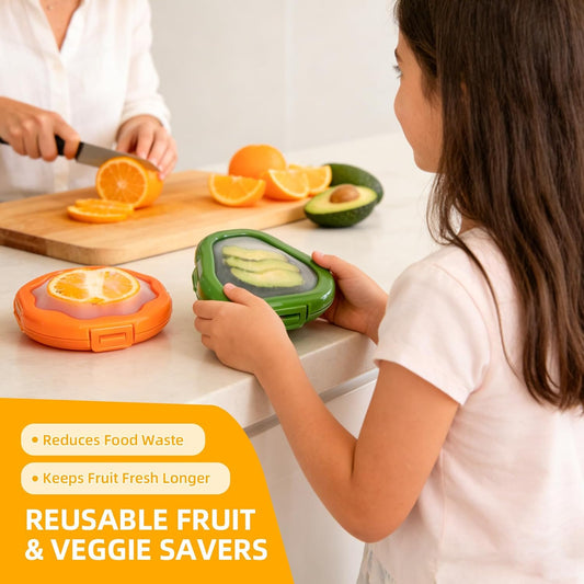 KMOSENIA Avocado Saver, Fruit Storage Containers for Fridge, 2 Pack | Avocado saver with silicone seal for fridge storage. Keeps cut fruits and vegetables fresh, organized and reusable.