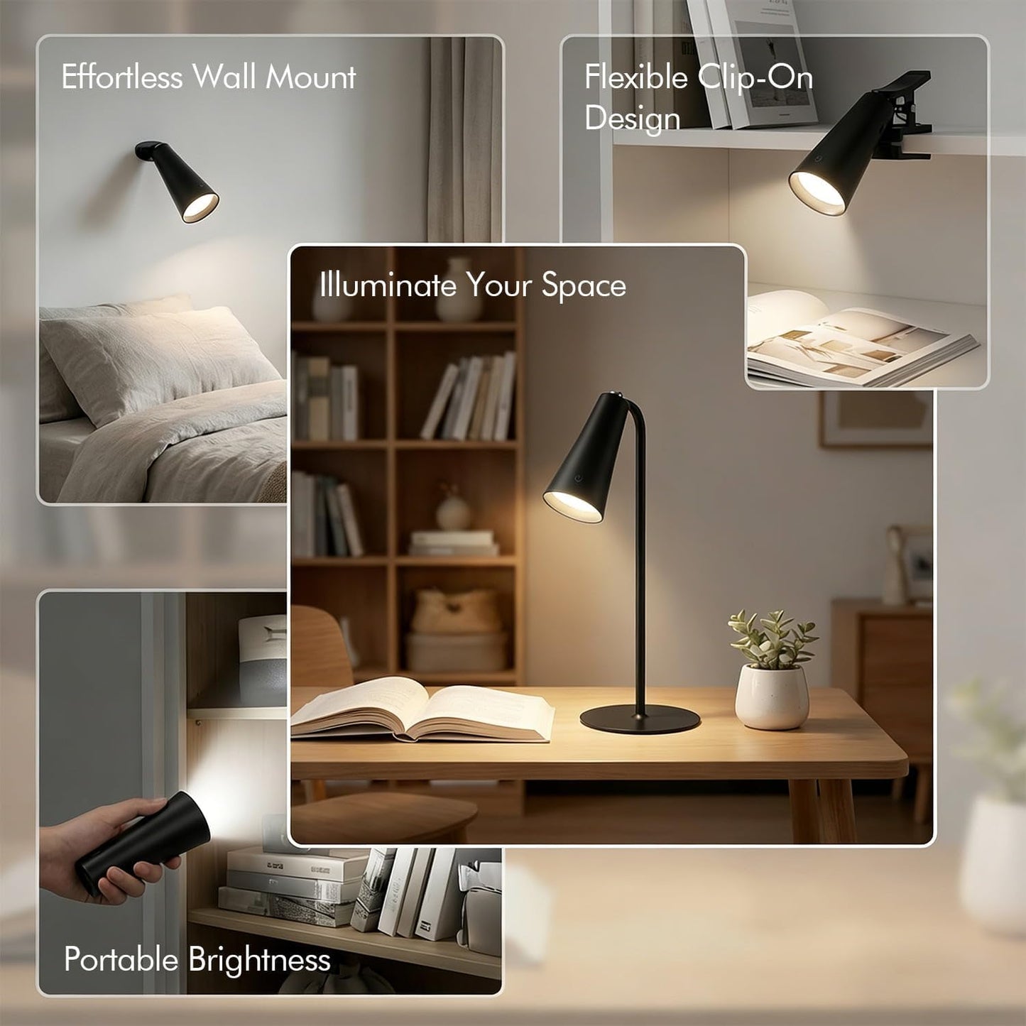 4-in-1 Rechargeable Desk Lamp, Clip and Wall Light, 2 Pack | Use as a desk, clip, wall, or handheld light with USB-C recharge and flexible placement.