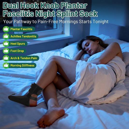 Plantar Fasciitis Night Splint Sock - Hook Knob Adjustment Extended Support Plate with Massage Ball - Relief for Plantar Fasciitis Heel Pain Achilles Tendonitis - Secure Fit for Men Women Black Small
