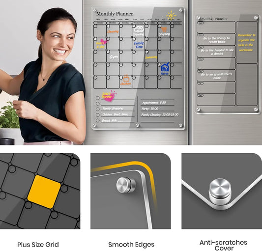 Magnetic Calendar for Refrigerator, Thick Acrylic Fridge Calendar with Strong Magnets, Clear Dry Erase White Board, 2in1 Monthly Weekly Planner, Family Organizer with 5 Color Visible Marker (Black)