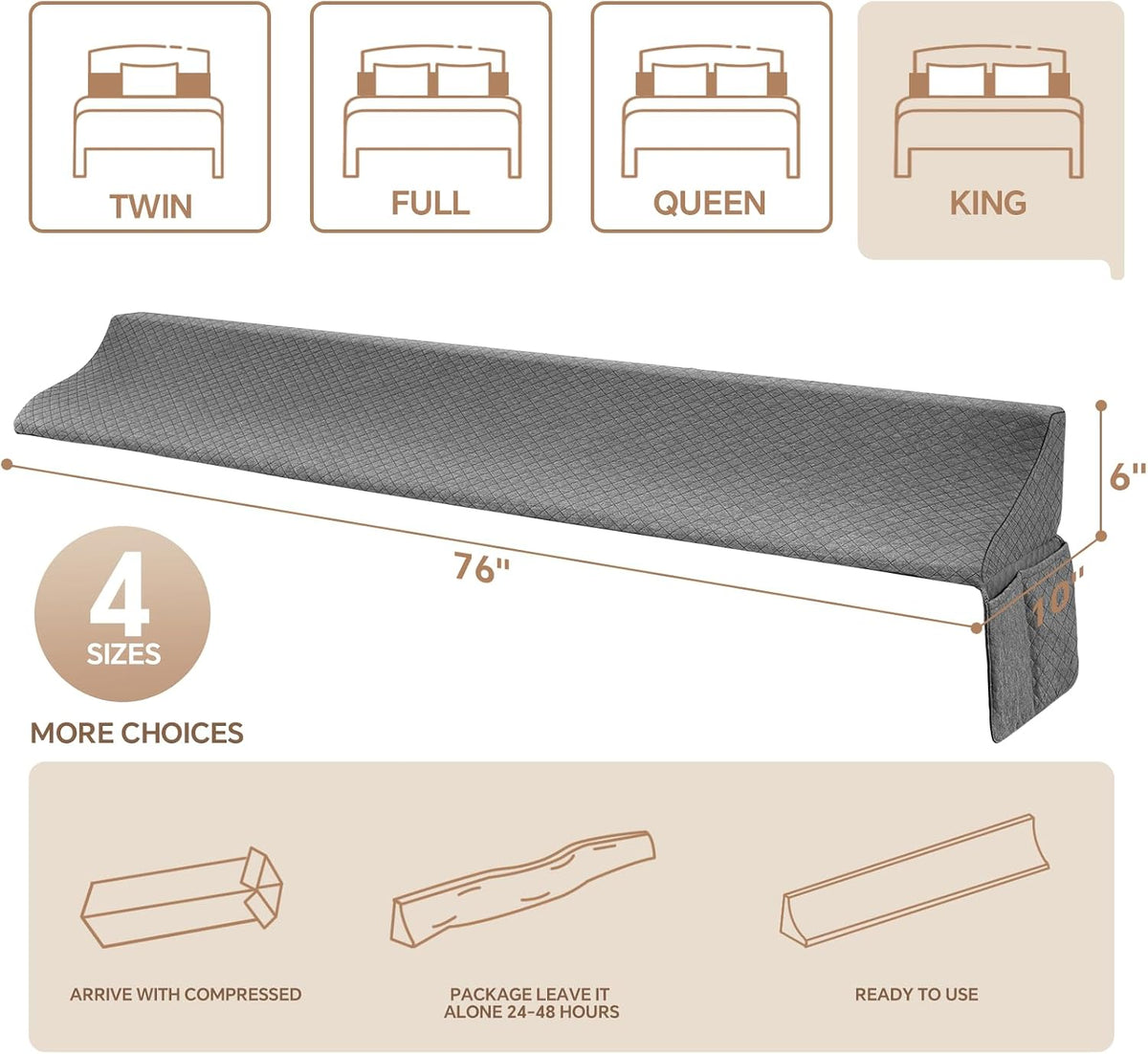 EUHAMS Queen Size Bed Wedge Pillow for Headboard Bed Gap Filller/Mattress Gap Filler (0-7") - Wedge Pillow Headboard Triangle Foam Pillows Wedges Between Headboards Mattress (Grey,60"x10"x6")