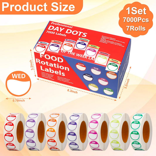 7000pcs Days of The Week Stickers Colored Dot Food Labels Removable Date Labels with Dispenser Box for Food Containers Restaurant Supplies