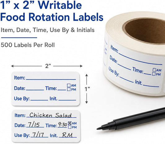 Water Dissolvable Food Prep Rotation Labels, 1 x 2, 500/Roll | Writable Prep Date and Use By Stickers for Homes, Restaurants, Kitchens, Freezers, Meal Prep and Food Storage. Made in USA