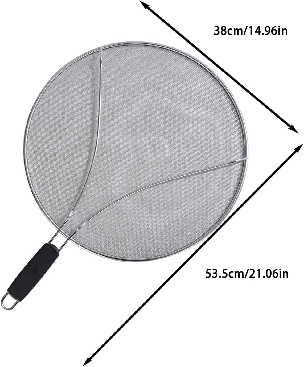 Stainless Steel Splash Guard, Frying Pan Splash Guard, Fine Mesh Cover, Prevents oil Splattering, Comfortable Handle to Prevent Burns, Suitable for Frying Pans and Cooking Utensils (15in)