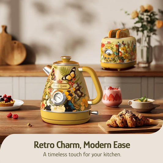 Hazel Quinn X Eduardo Recife Retro Electric Kettle with Thermometer, Floral | 1200W Fast Water Boiling, 1.7L/57oz, All 304 Stainless Steel Interior, BPA-Free, Auto Shut-Off, Cordless Retro Teapot, Home