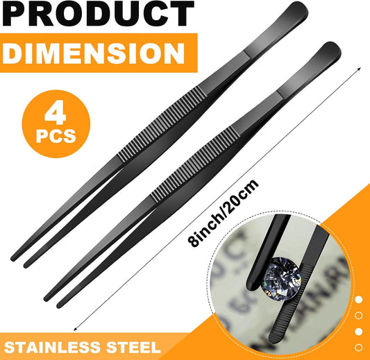 Yaomiao 4 Packs Bar Tongs Stainless Steel, 8 Inch, Silver | Garnish Tweezers for Cocktail Making Bartending, Perfect for Food Plating Korean BBQ, Precision Tip Design Multi-use