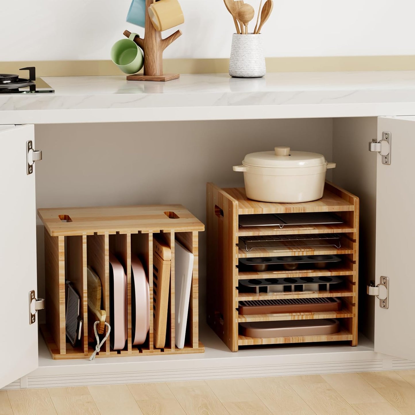 7 Tiers Cookie Sheet Organizer for Cabinet, Wooden Tray Dividers for Kitchen Cabinets Baking Sheet Pan Organizer, for Heavy Pans, Cutting Board, Bakeware, Kitchen Cupboard Storage, Solid Wood