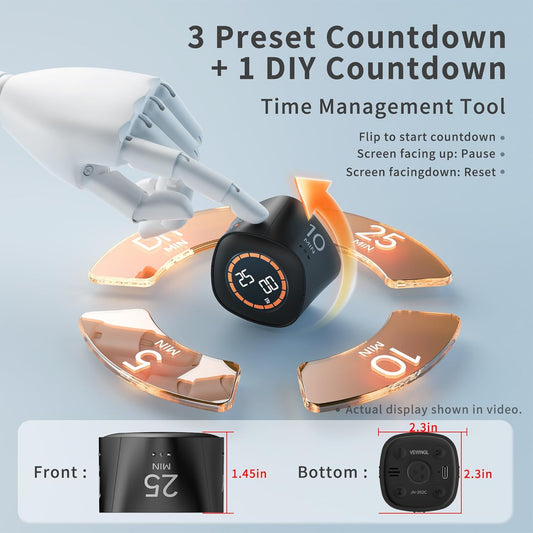 VEWINGL Cube Productivity Timer, 25/5/10/45 Min Presets, Desk Flip Timer for Pomodoro Study Sessions, Vibration & Custom Modes for ADHD, Work, Study & Kitchen (Black)