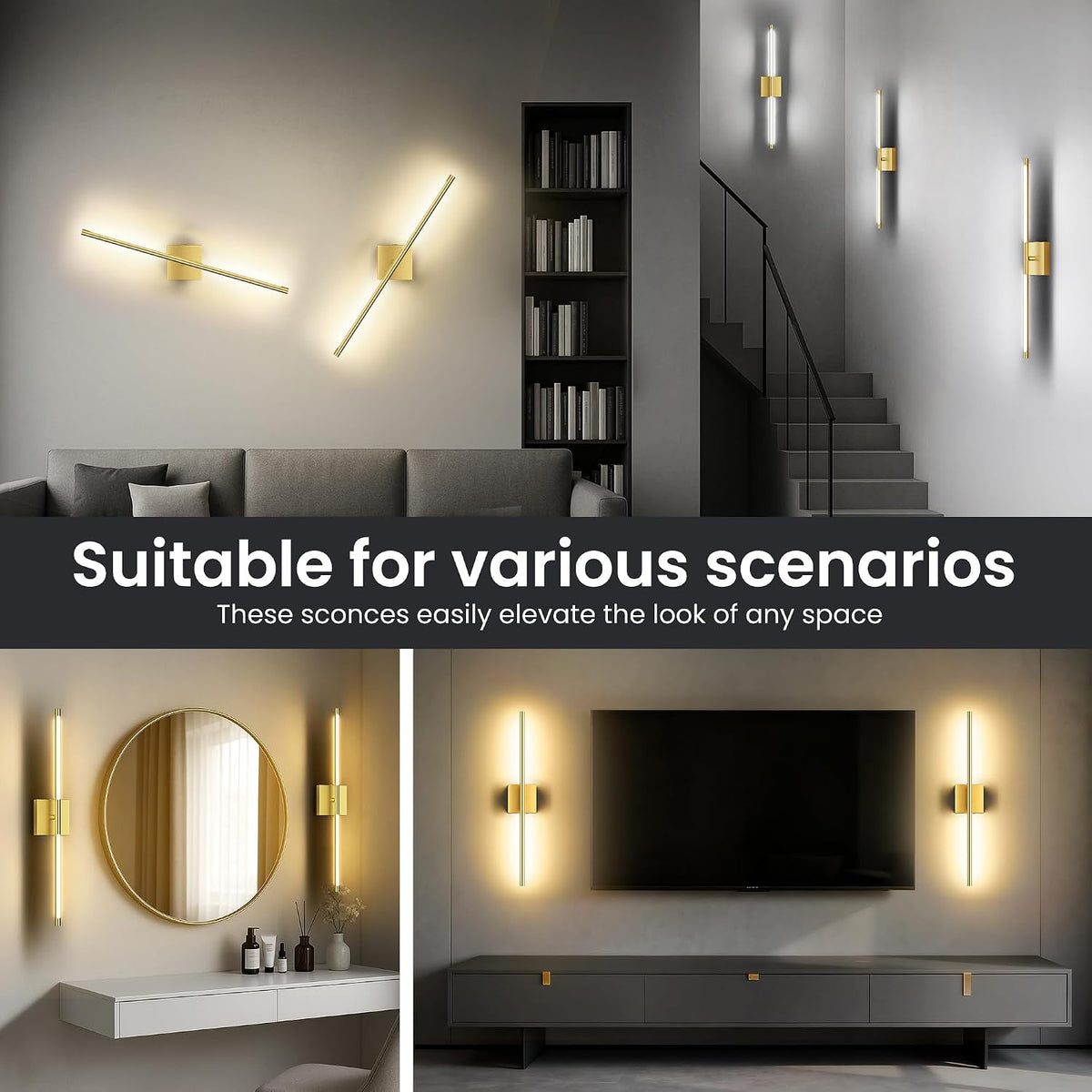 10000mAh Rechargeable Wall Lights, Black Gold, 29 Inch, 3CCT, 2 Pack