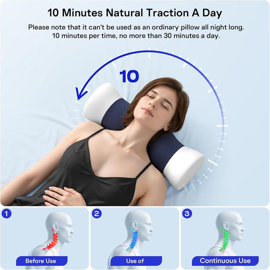 Neck Roll Pillow - Cooling Cover Round Neck Pillow for Sleeping - Memory Foam Cervical Support Pillow - Ergonomic Cylinder Pillows for Neck, Leg, Back, Yoga, Relaxing (Blue White)