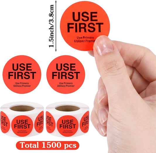 1500 Pcs Use First Stickers Food Service Label 1.5 Inch Inventory Control Labels for Restaurant Rotation, Fluorescent Red Permanent Adhesive Circle Dot Paper Rolls