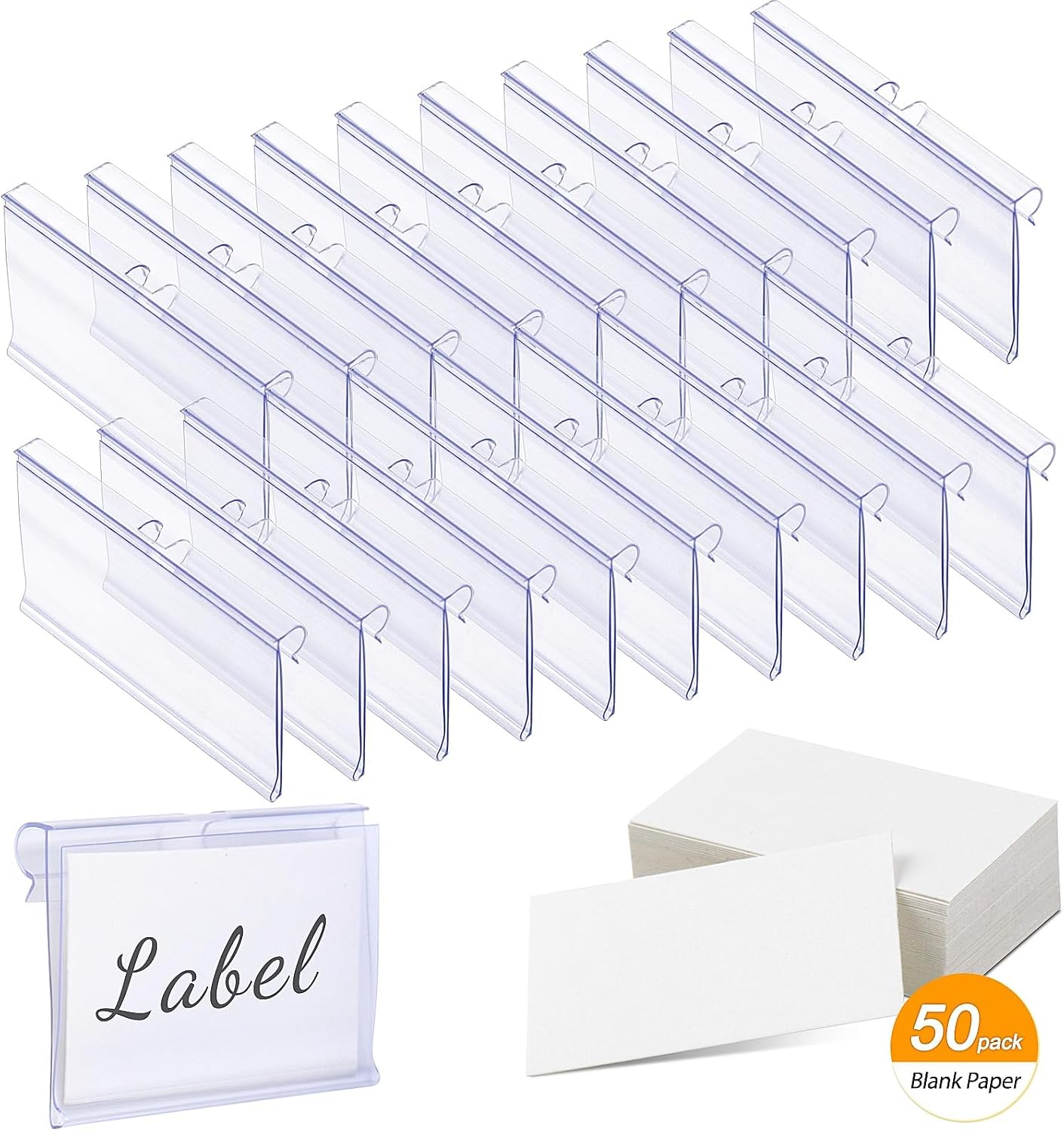 Meetory 50 PCS Clear Plastic Label Holders for Wire Shelf Retail Price Label, Basket Bin Labels Clip On, Labels for Storage Bins, Merchandise Sign Display Holder for Supermarket,Label Papers Included