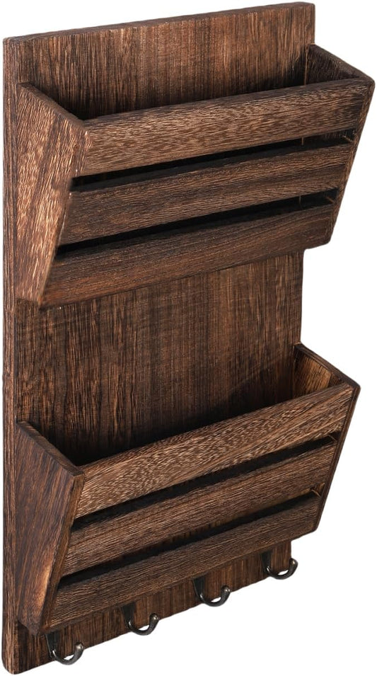 MOOACE Mail Organizer Wall Mount, Wood Mail and Key Holder with Hooks | 2-Slot Mail Sorter Organizer, Office File Organizer Letter Folder for Home Farmhouse Entryway Wall Decor