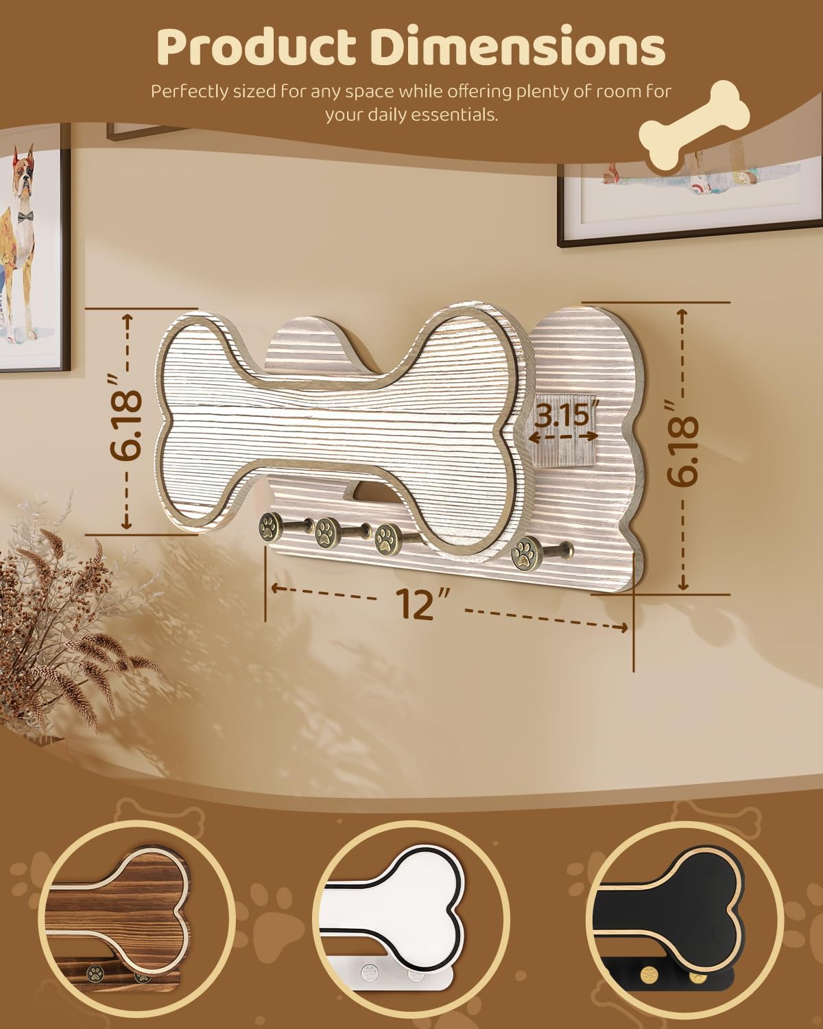 MTERSN Dog Leash Holder for Wall with Key Hooks for Dog Gear Storage, Brown | 3D Puppy Paw Hooks, Doggie Bone Shape, Key Rack with 5 Hooks, Wall Shelf for Treats & Dog Food, Ideal for Wall Decor