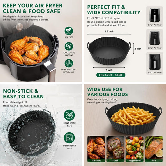 Reusable Silicone Air Fryer Liner, Non-Stick Basket Liner, BPA Free Food Grade Silicone, Dishwasher Safe, Heat Resistant up to 450°F, Fits Most Air Fryers, 8 Inch, Black
