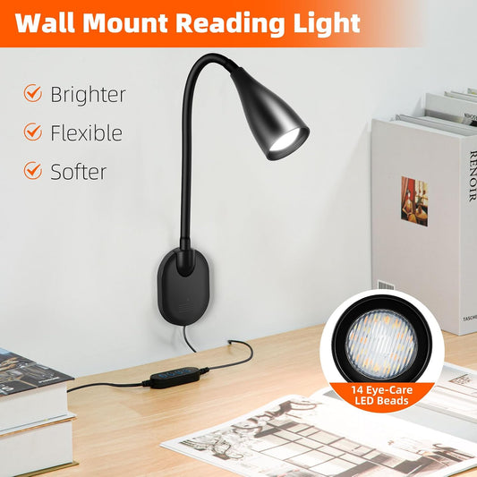LED Wall Mounted Reading Light, 5 Color Modes 10 Brightness Dimmer Black | USB Charging Port, Memory & Timer, Adhesive Book Light for Reading in Bed, Eye-Caring Wall Lamps for Bedside Reading Bedroom