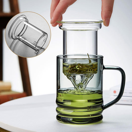 Unbreakable Glass Tea Cup with Infuser and Lid 14.5 fl oz, Heat Resistant Borosilicate Glass Tea Infuser Mug for Blooming and Loose Leaf Tea, Gas Stovetop Safe