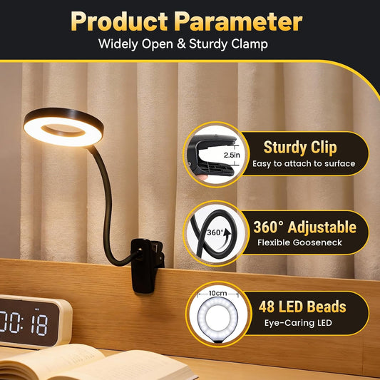 Clip on Reading Light for Bed Headboard, 5 Colors & 5 Brightness, Black | Rechargeable Battery with Large Clamp, Flexible Neck Desk Lamp, Eye Protection LED Touch Control Book Light for Kids