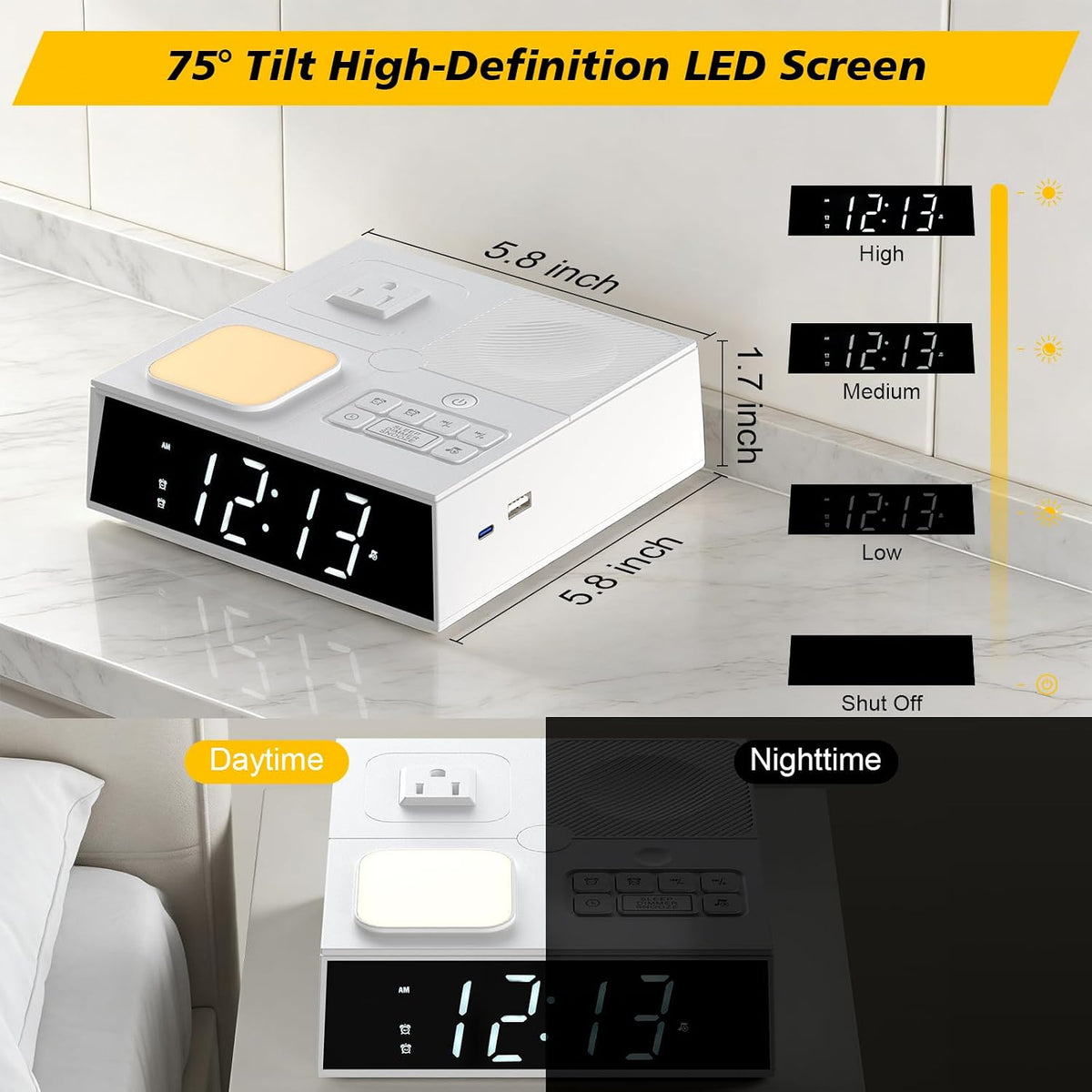 Kungfuking Alarm Clock Power Strip with White Noise, Dual Alarms, 20W USB-C