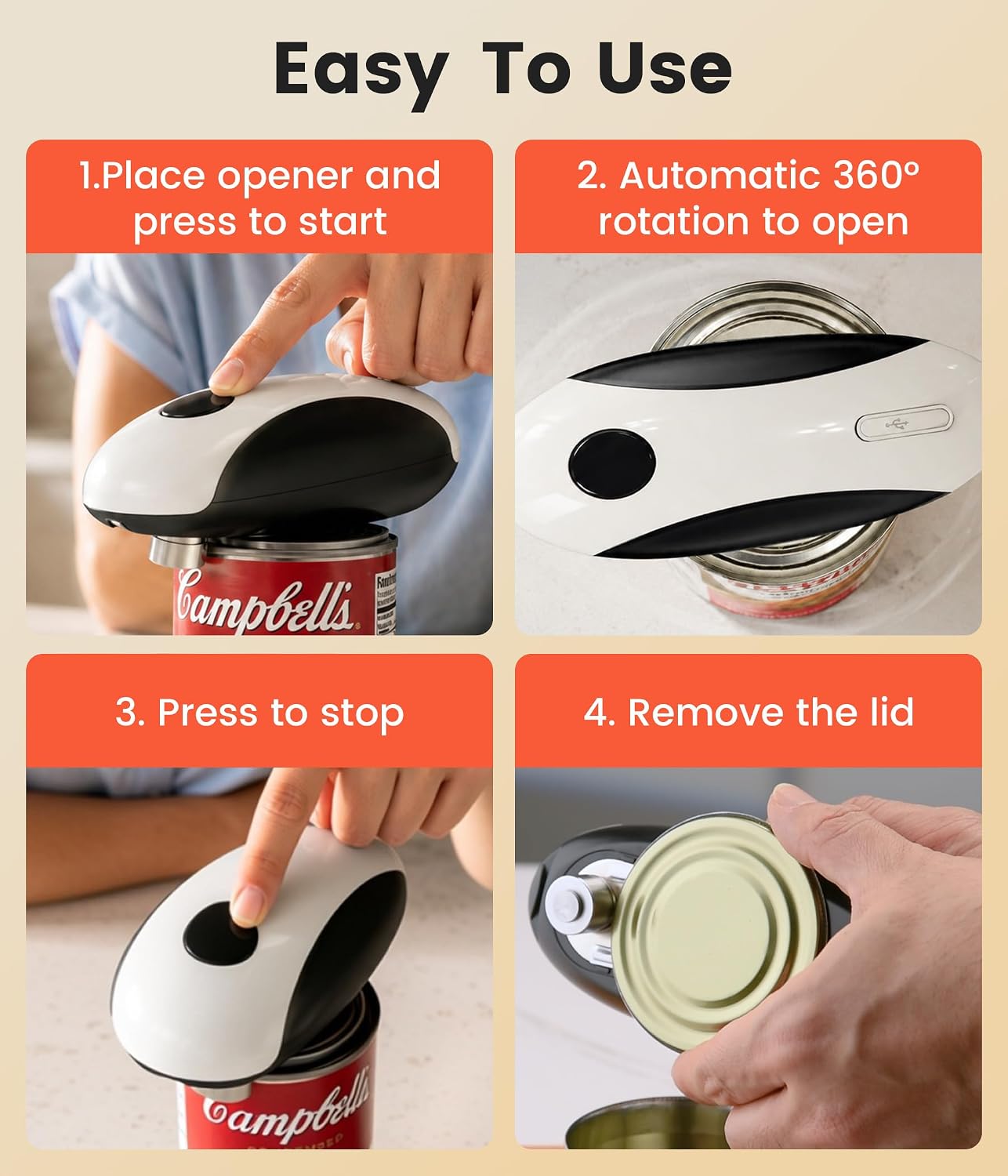Newise Electric Can Opener, One Touch Automatic Can Openers with Smooth Edge Side Cut, Rechargeable with Magnetic Lid Remover, Hands-Free for Seniors with Arthritis, Kitchen Gadgets Fits Most Cans