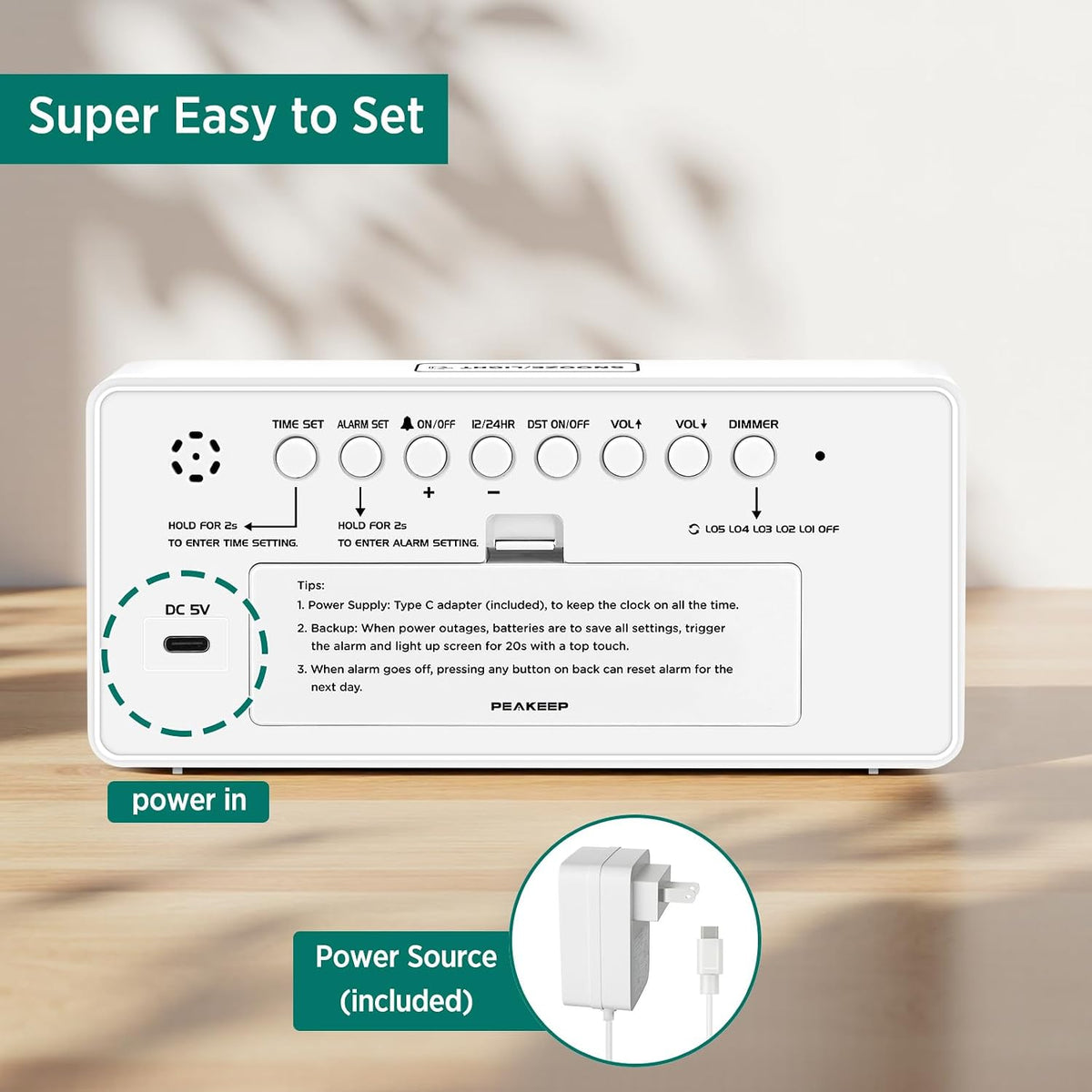 Peakeep Digital Alarm Clock for Bedroom Bedside, Large Display, USB Charger
