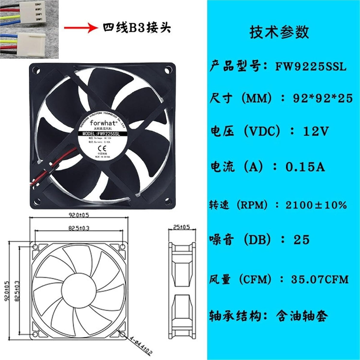 9225 9CM 12V24V48V Dual Ball Bearing Welding Machine Computer case Silent Cooling Fan(White)
